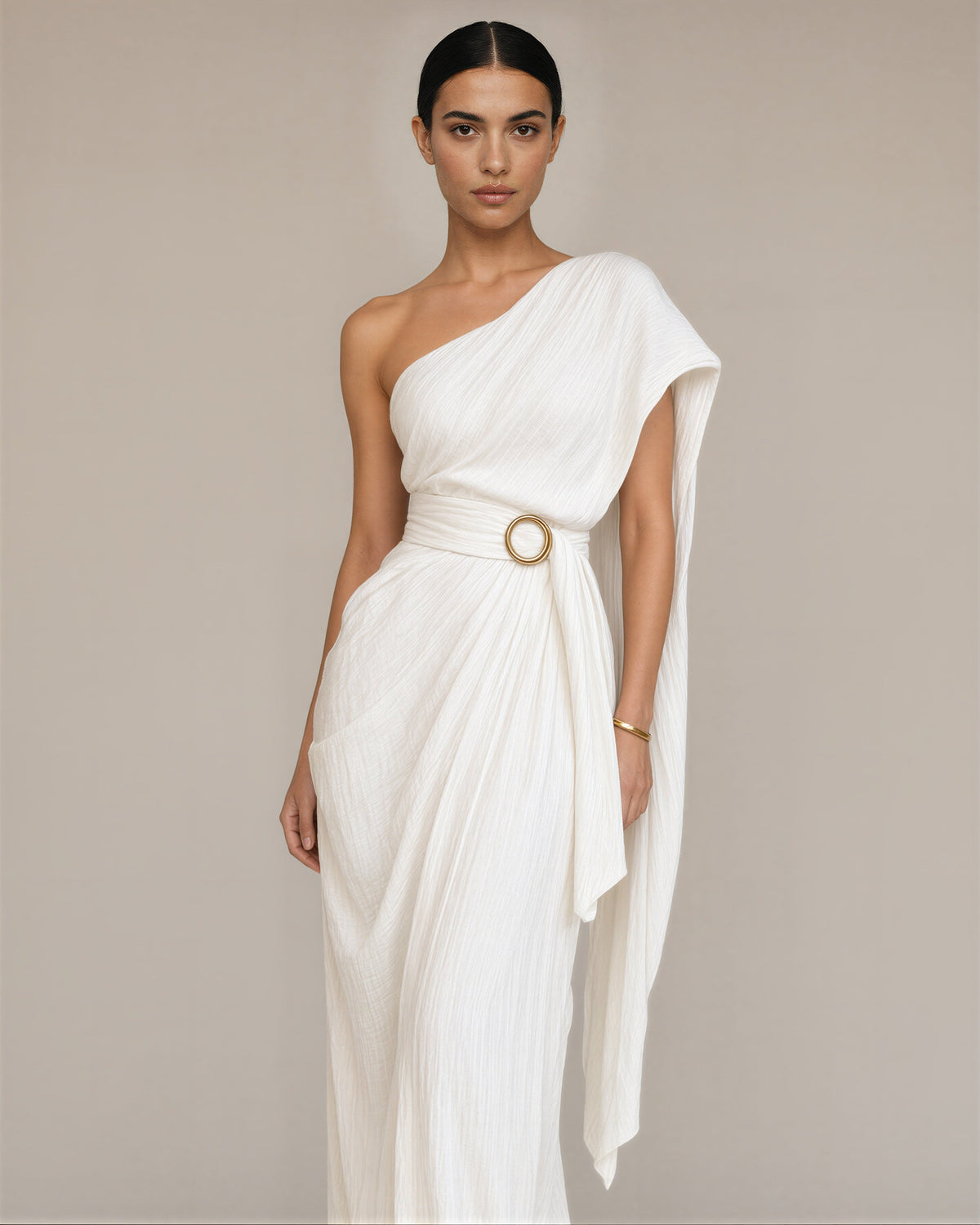 Agata One Shoulder Cape Ring Buckle Maxi Dress, off white, three quarter view