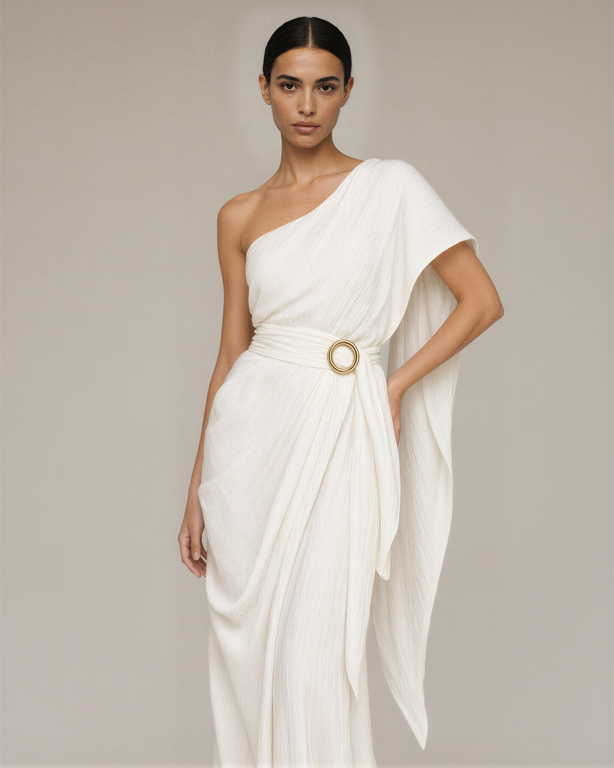 Agata One Shoulder Cape Ring Buckle Maxi Dress, off white, front, hands on the waist