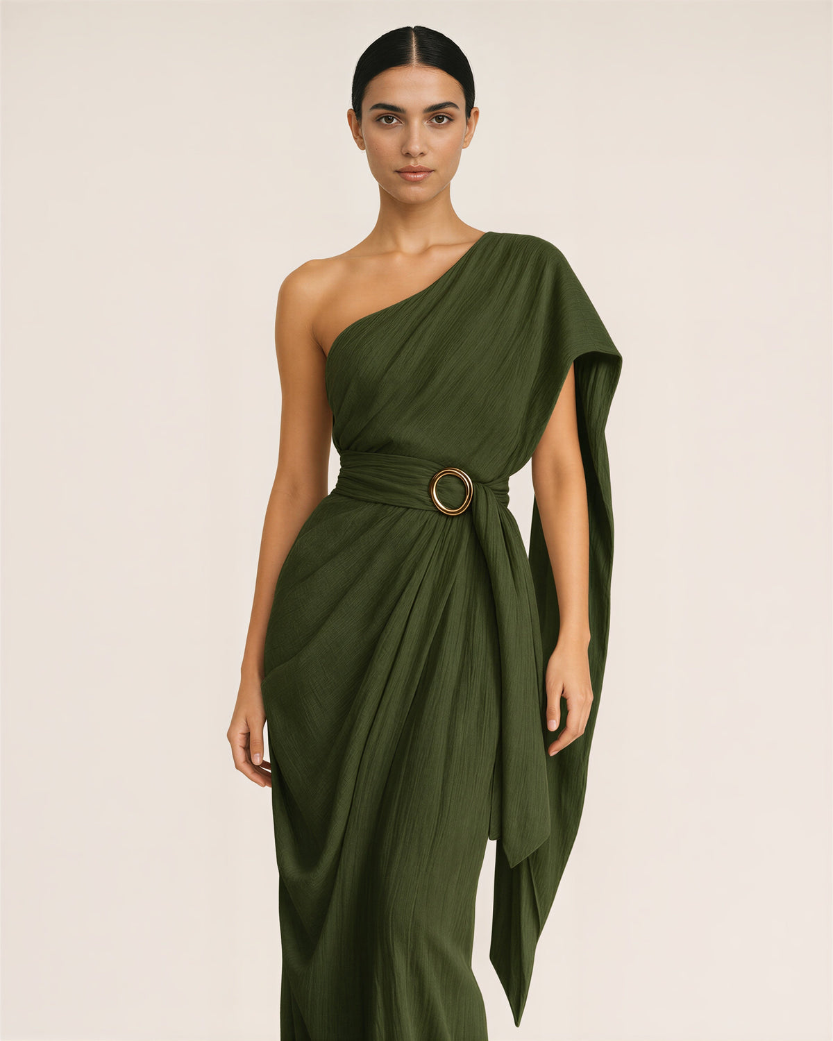 Agata One Shoulder Cape Ring Buckle Maxi Dress, khaki green color option