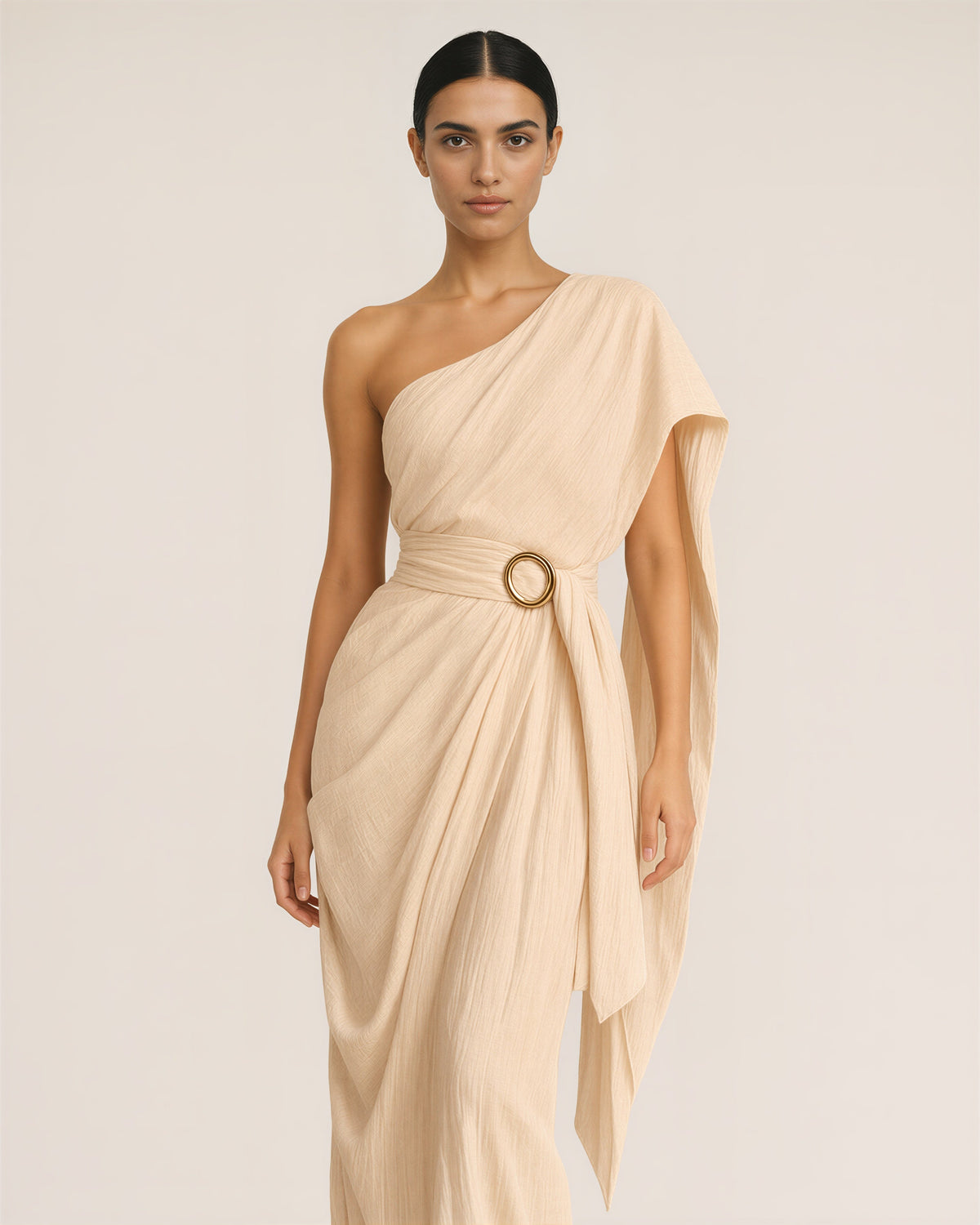 Agata One Shoulder Cape Ring Buckle Maxi Dress, apricot color option
