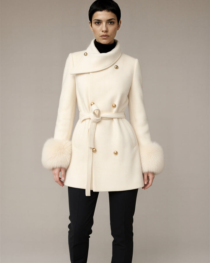 Albia Faux Fur Cuff Tie Belt Melton Coat, off white, front view