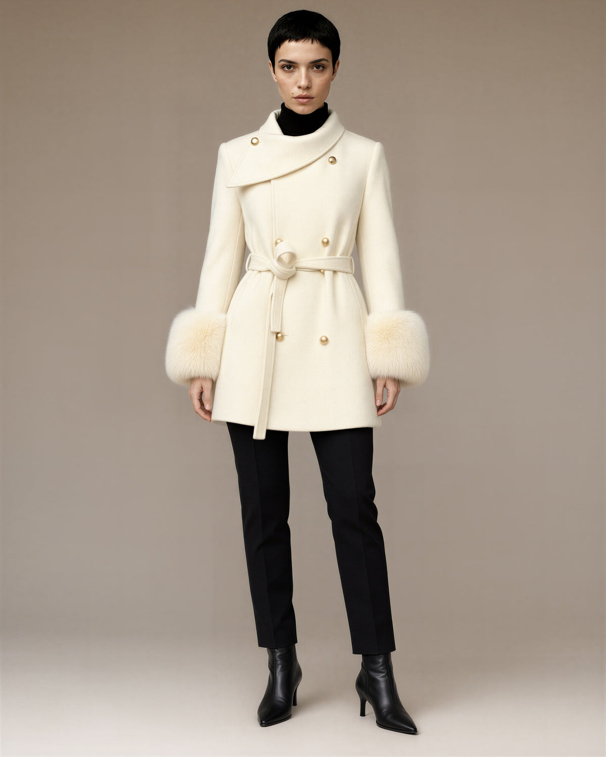 Albia Faux Fur Cuff Tie Belt Melton Coat, off white, full length front view