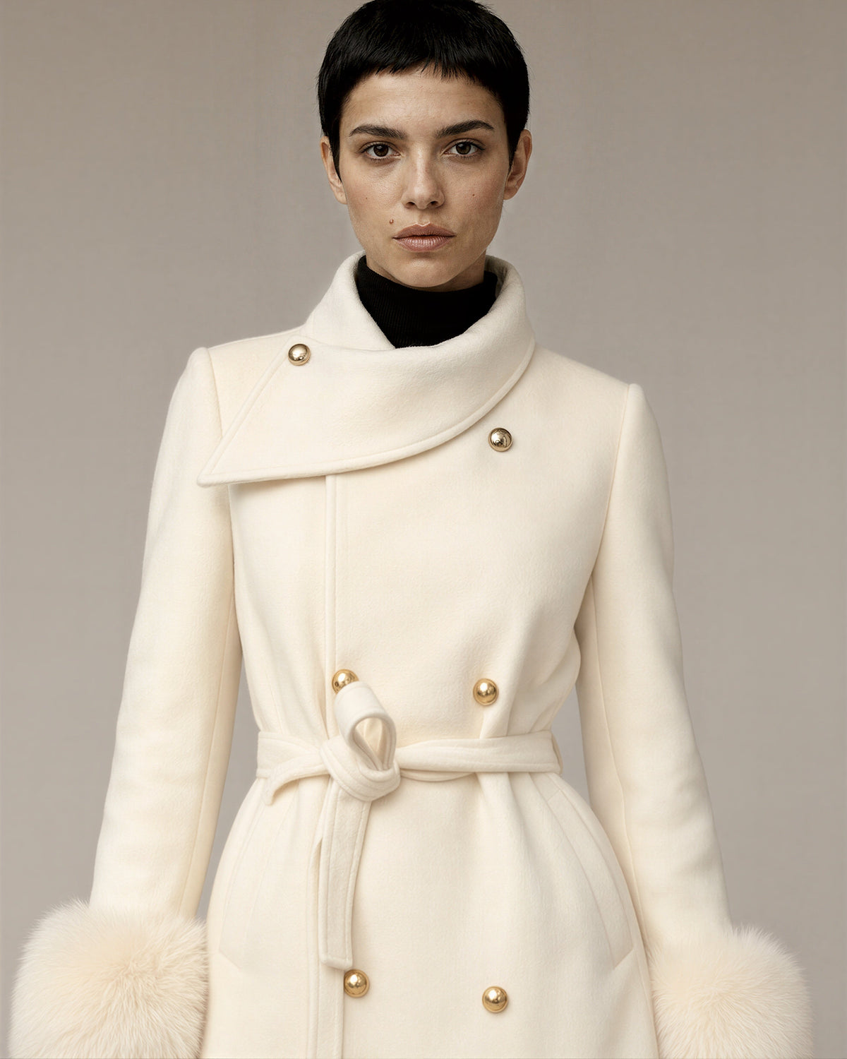Albia Faux Fur Cuff Tie Belt Melton Coat, off white, close up above the waist
