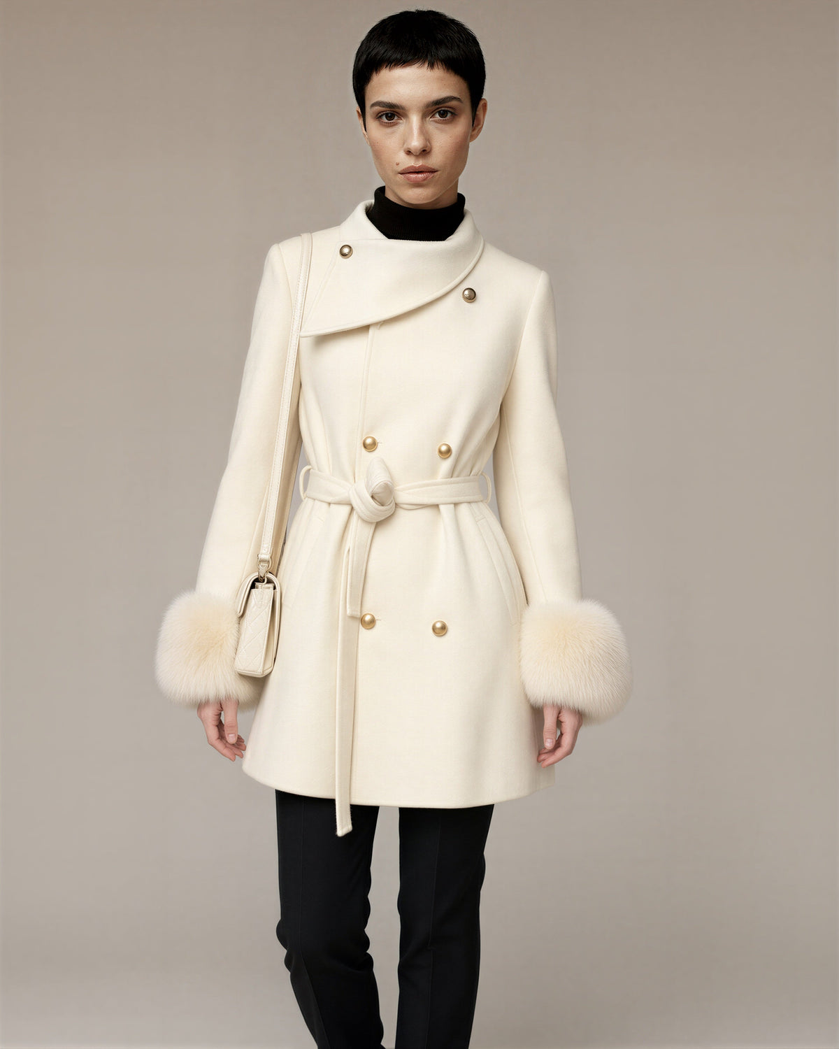 Albia Faux Fur Cuff Tie Belt Melton Coat, off white, three quarter view