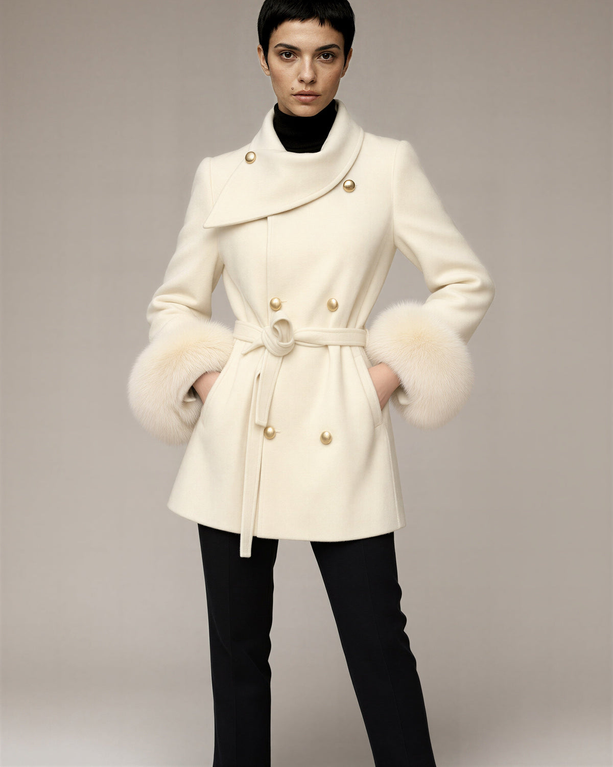 Albia Faux Fur Cuff Tie Belt Melton Coat, off white, front, hands on the waist
