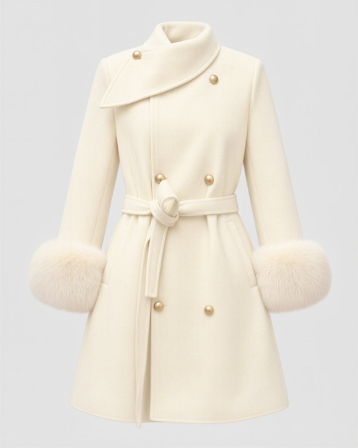 Albia Faux Fur Cuff Tie Belt Melton Coat, off white, product view without a model