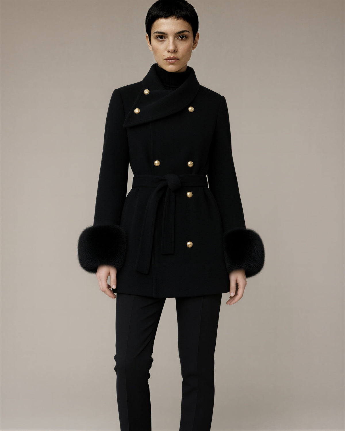 Albia Faux Fur Cuff Tie Belt Melton Coat, black color option