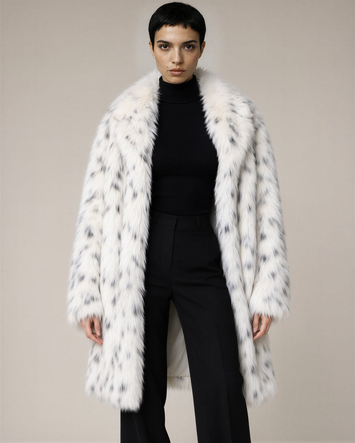Albina Speckled Long Pile Faux Fur Coat, White, white, front view