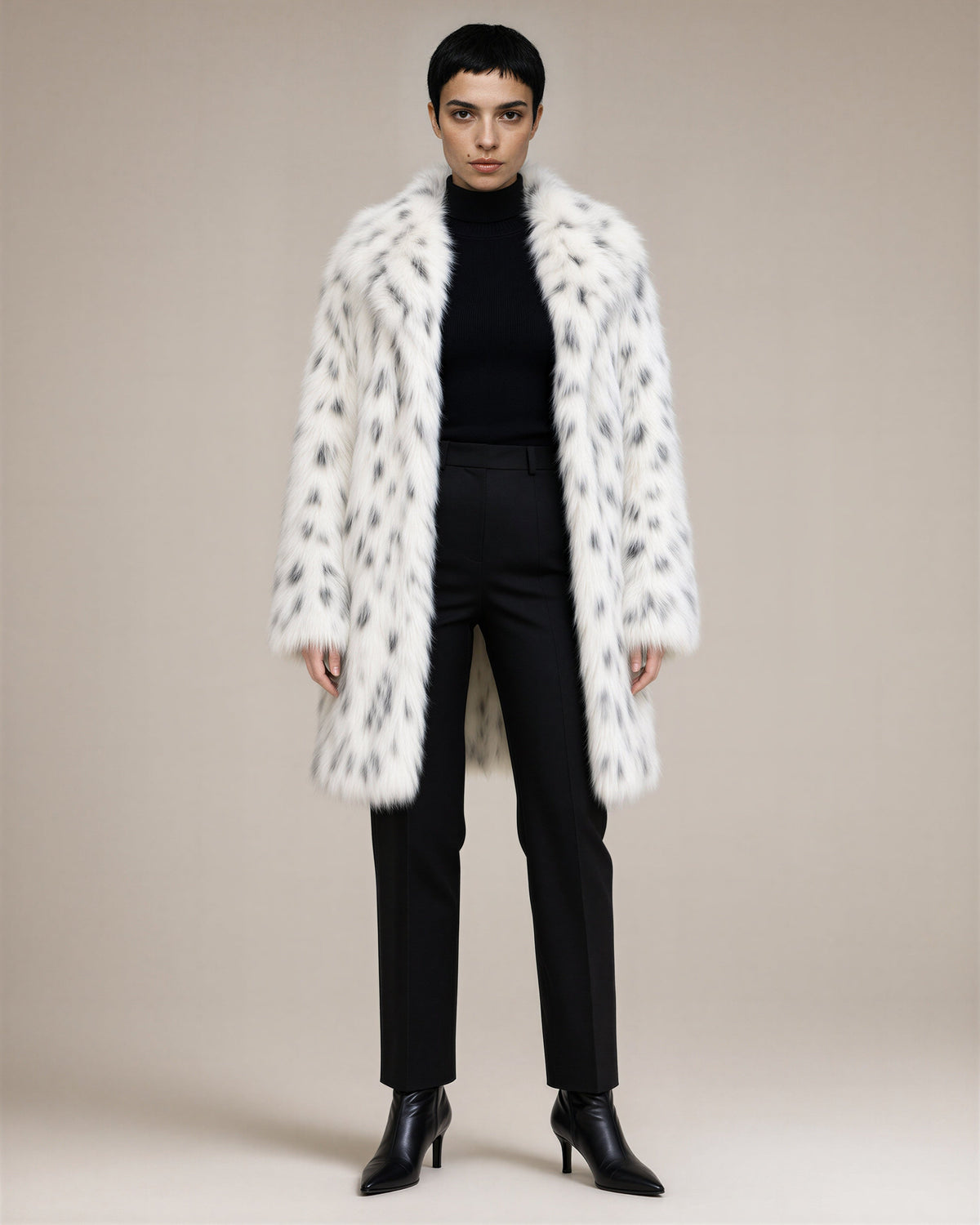Albina Speckled Long Pile Faux Fur Coat, White, white, full length front view