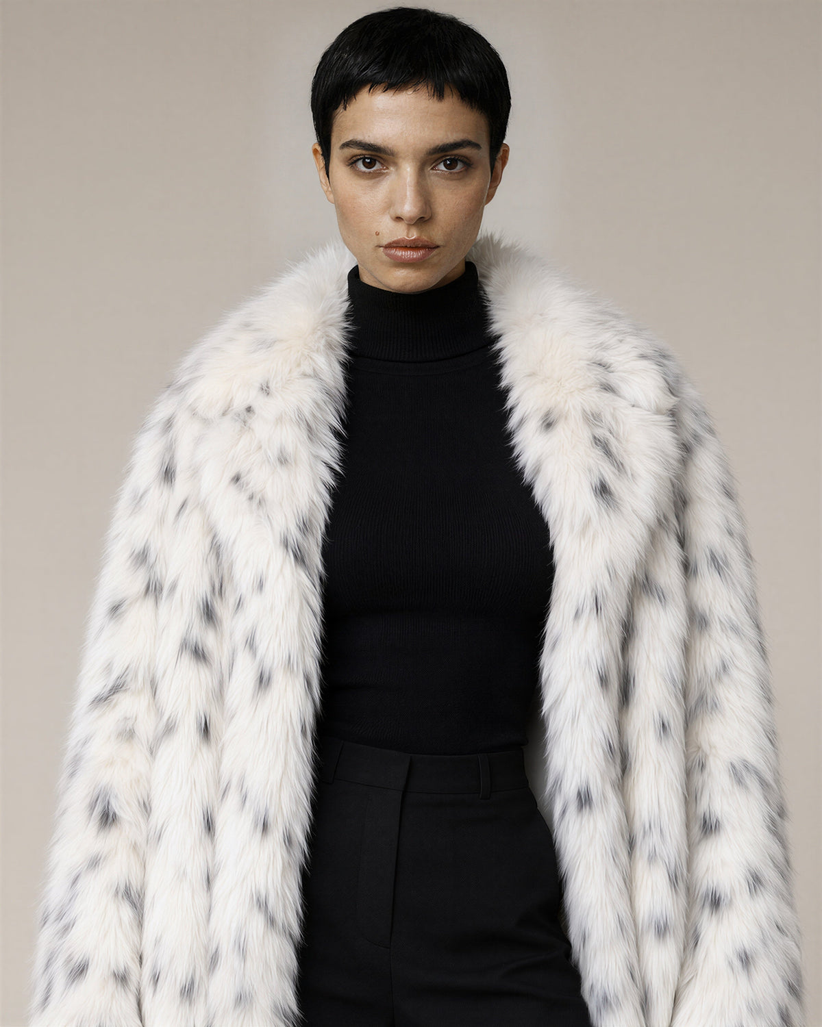 Albina Speckled Long Pile Faux Fur Coat, White, white, close up above the waist