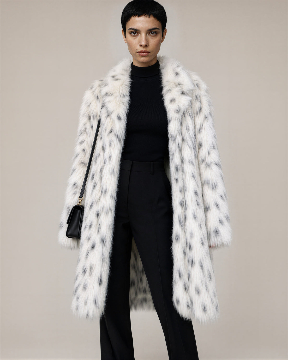 Albina Speckled Long Pile Faux Fur Coat, White, white, three quarter view