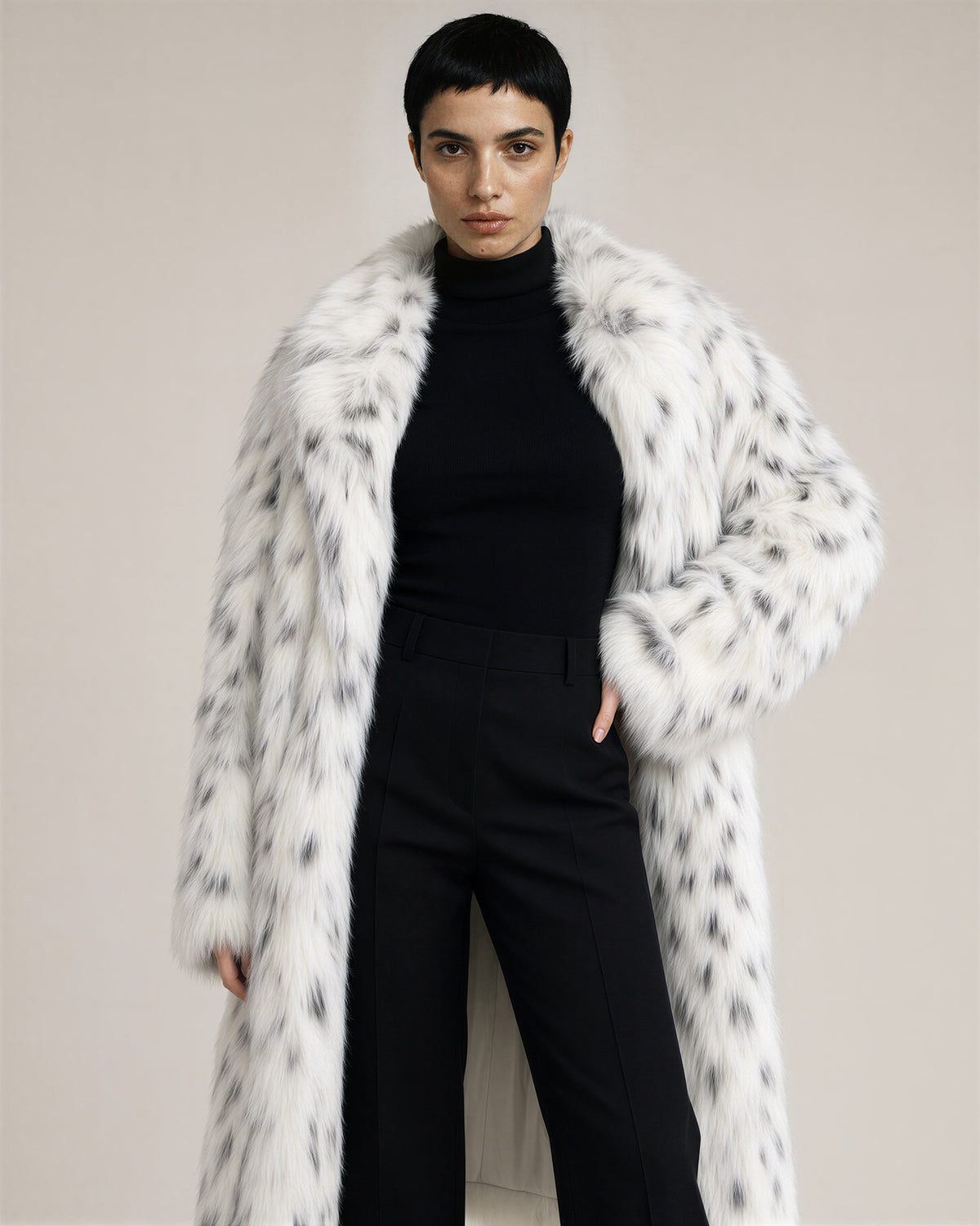 Albina Speckled Long Pile Faux Fur Coat, White, white, front, hands on the waist