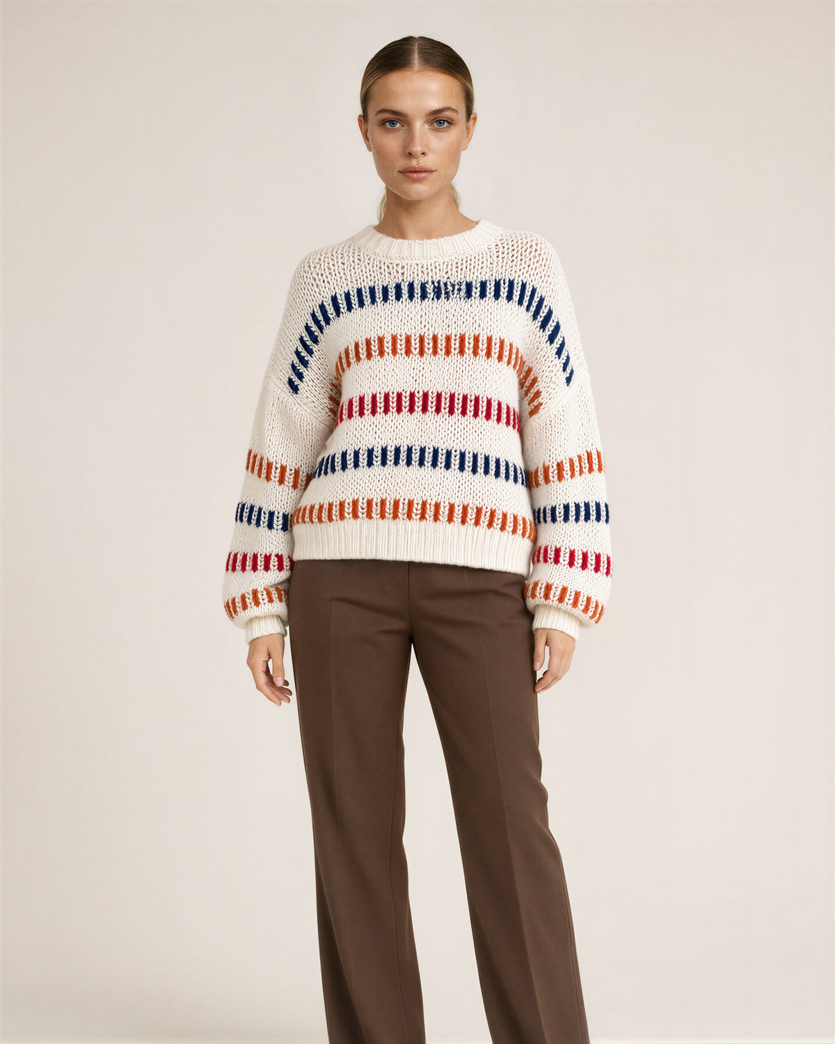 Alda Multicolor Stripe Chunky Knit Oversized Sweater, off white, front view
