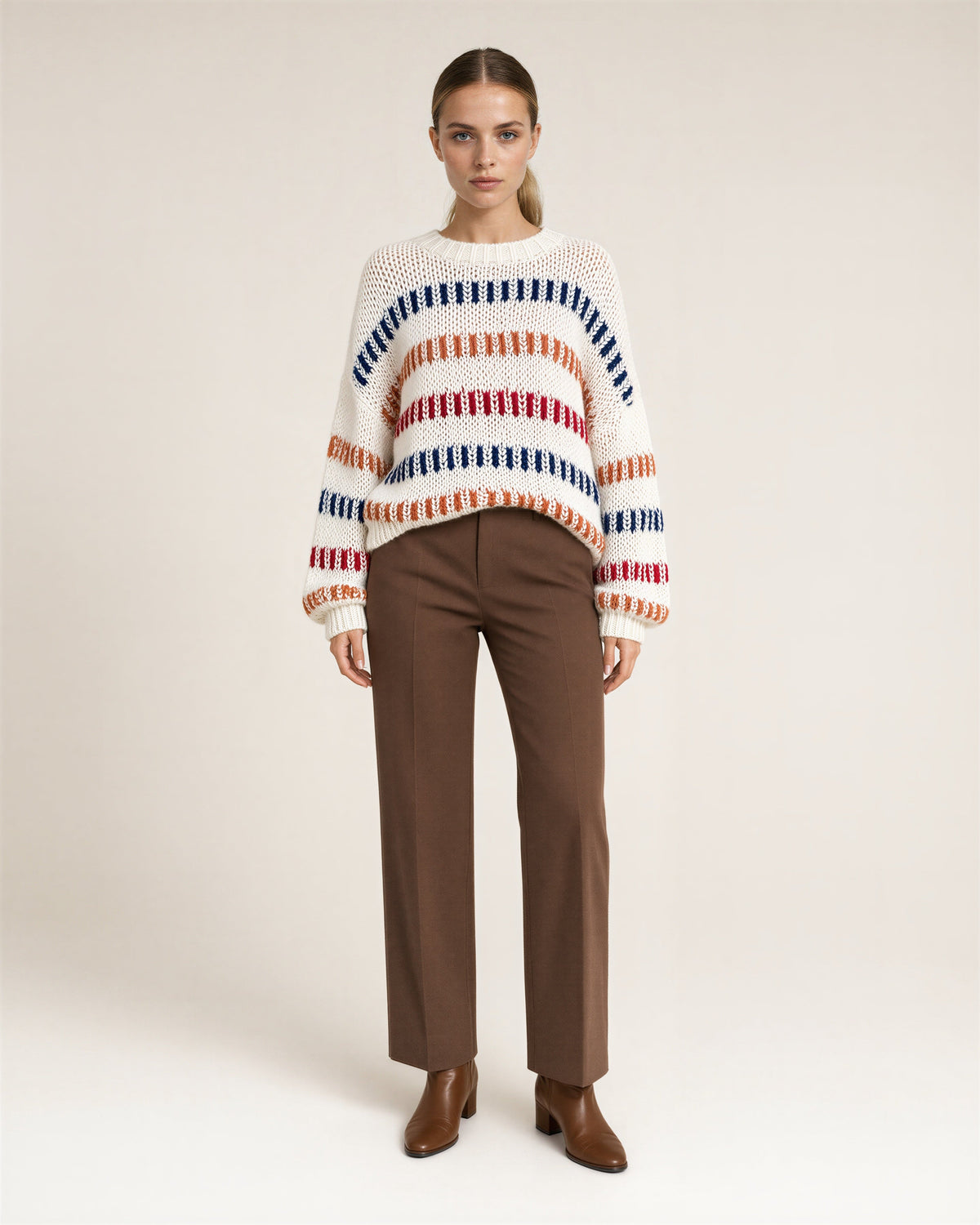 Alda Multicolor Stripe Chunky Knit Oversized Sweater, off white, full length front view