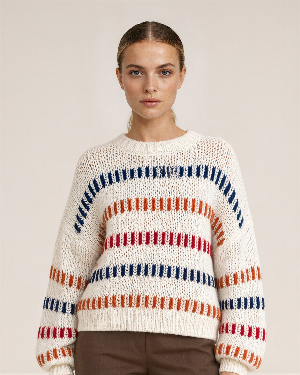 Alda Multicolor Stripe Chunky Knit Oversized Sweater, off white, close up above the waist