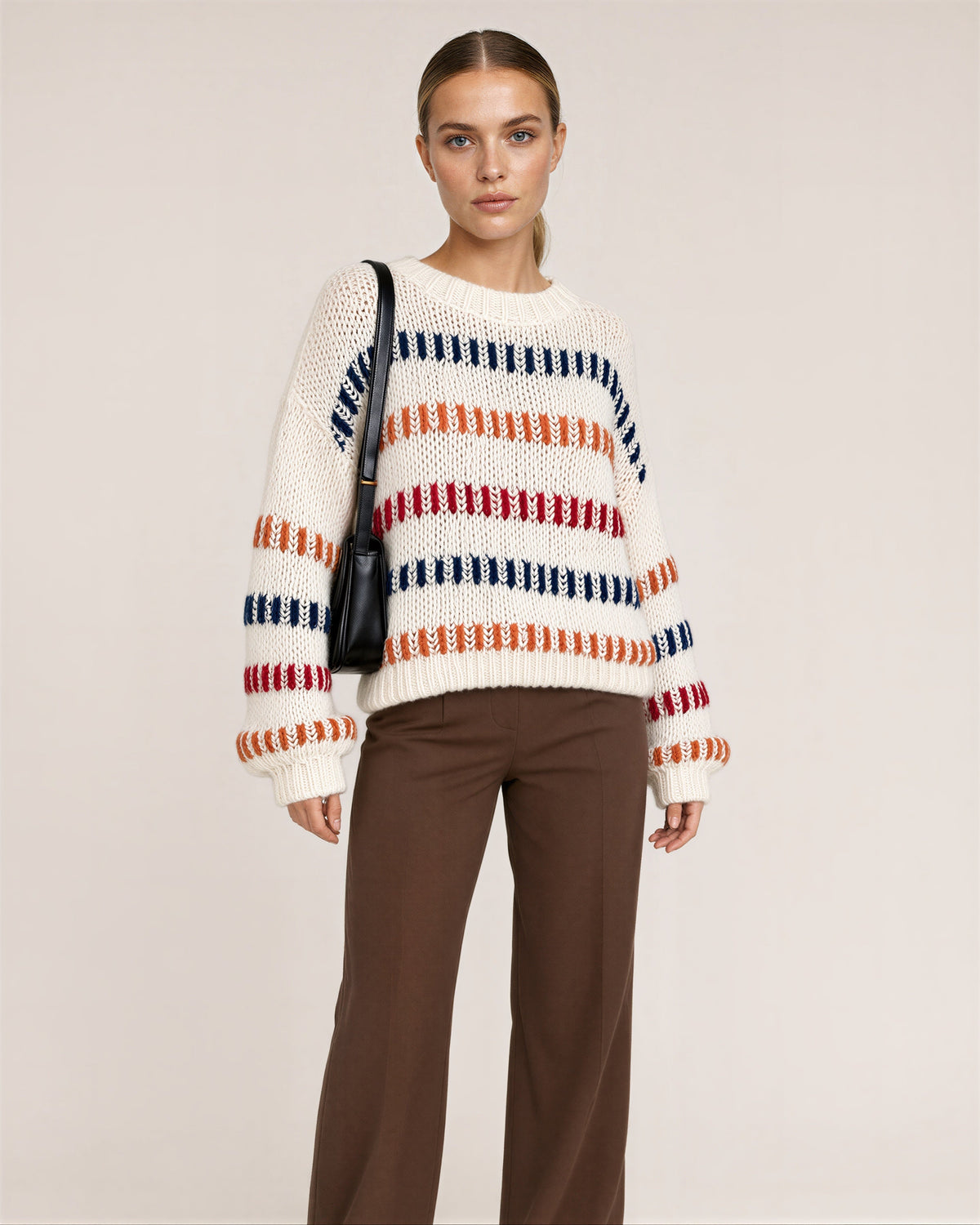 Alda Multicolor Stripe Chunky Knit Oversized Sweater, off white, three quarter view
