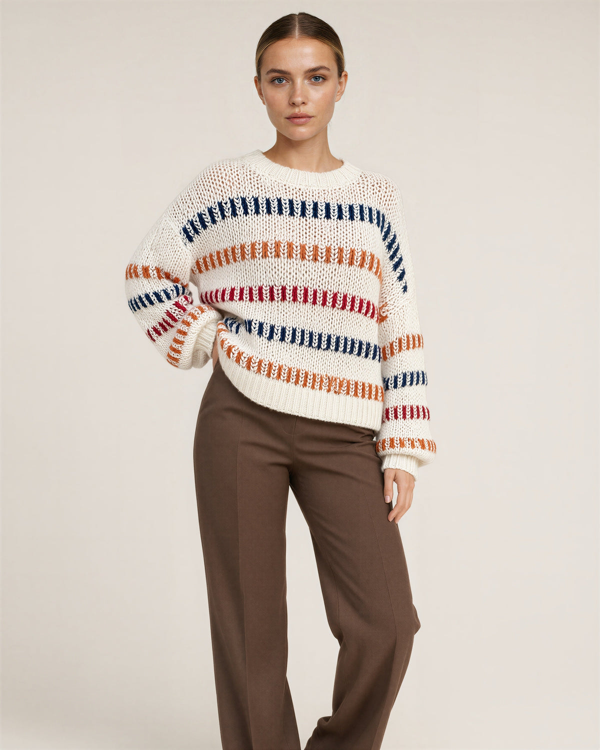 Alda Multicolor Stripe Chunky Knit Oversized Sweater, off white, front, hands on the waist