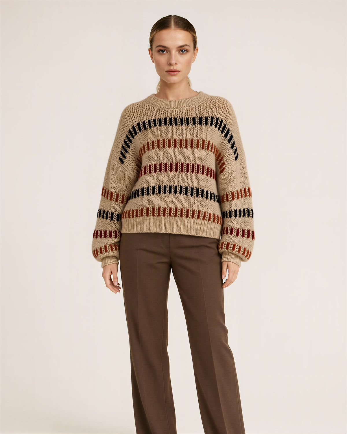 Alda Multicolor Stripe Chunky Knit Oversized Sweater, sand beige color option