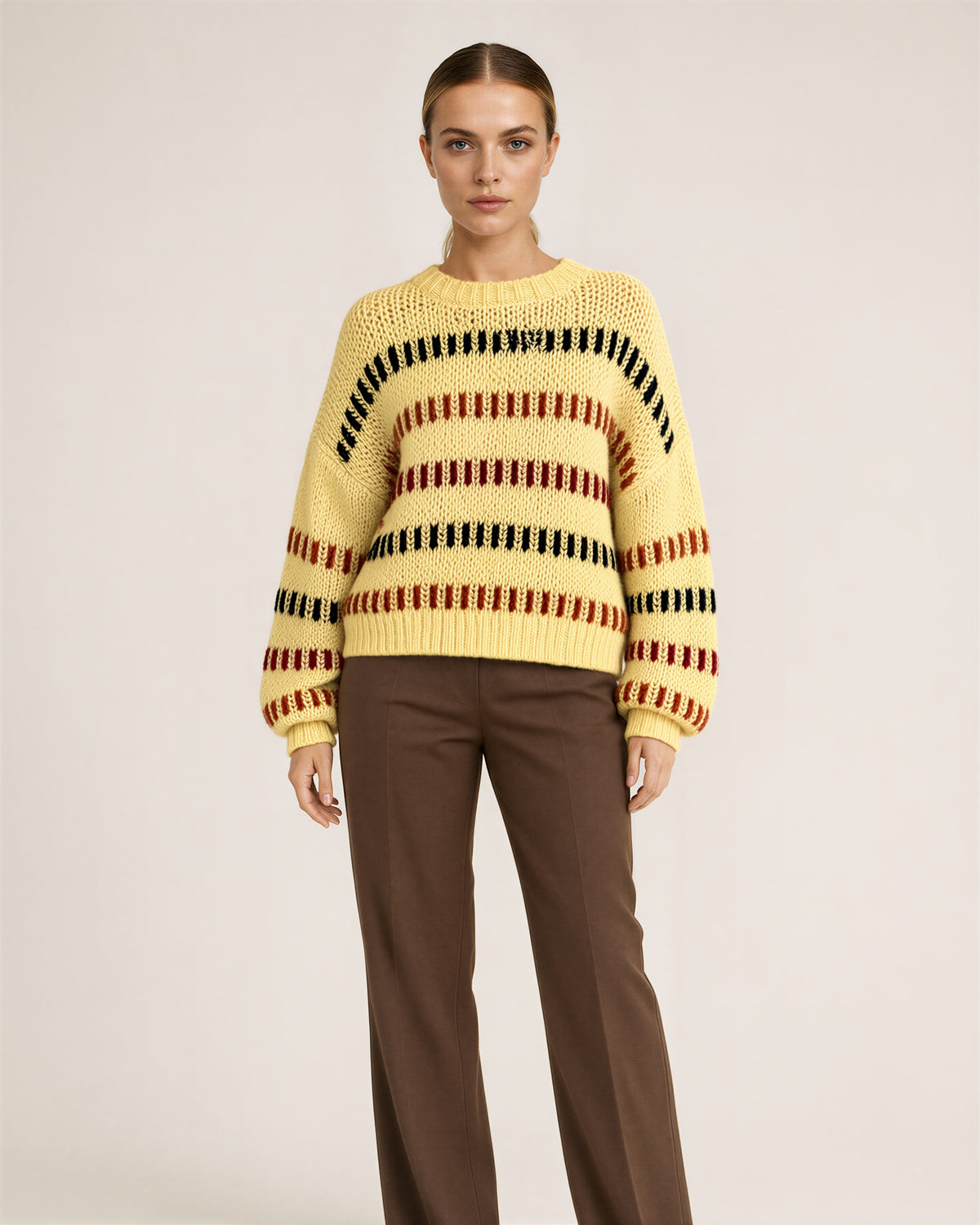 Alda Multicolor Stripe Chunky Knit Oversized Sweater, butter yellow color option