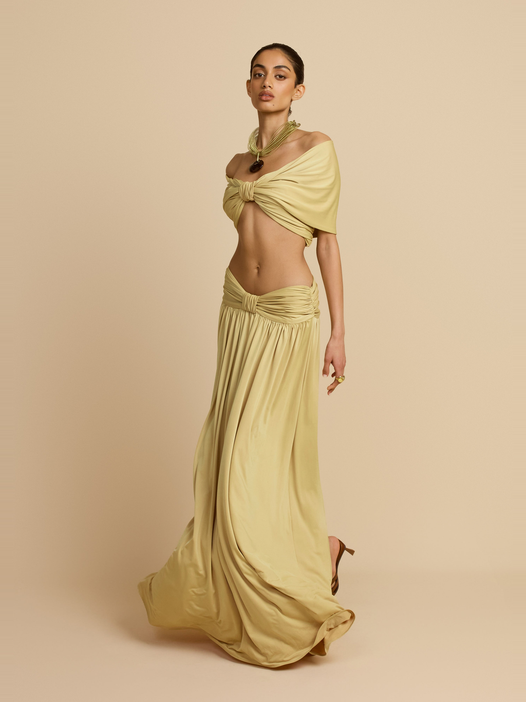 Alessia Satin Effect Maxi Skirt in Sand — Svelte Chic