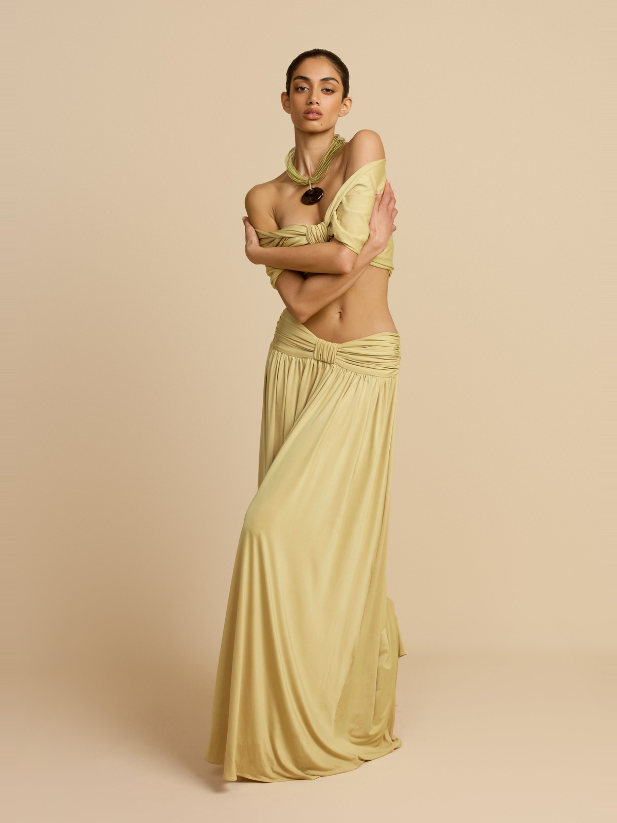 Alessia Satin Effect Maxi Skirt in Sand — Svelte Chic