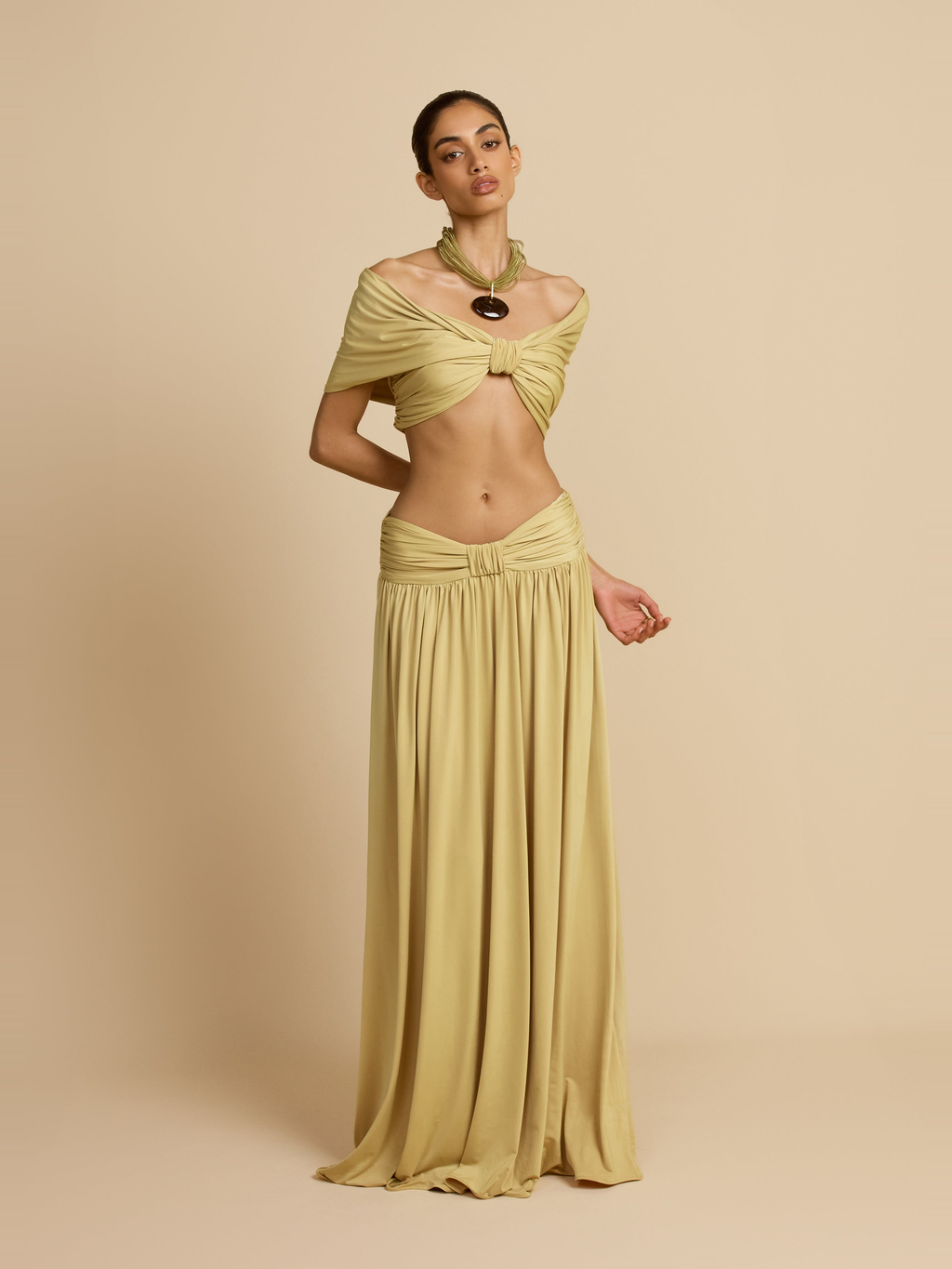 Alessia Satin Effect Maxi Skirt in Sand — Svelte Chic