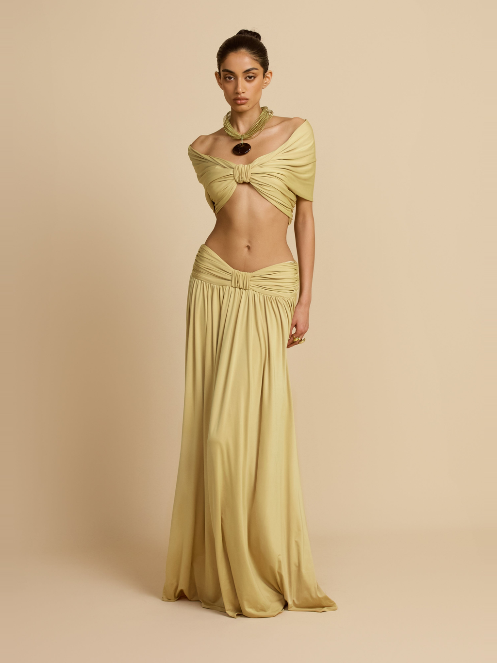 Alessia Satin Effect Maxi Skirt in Sand — Svelte Chic