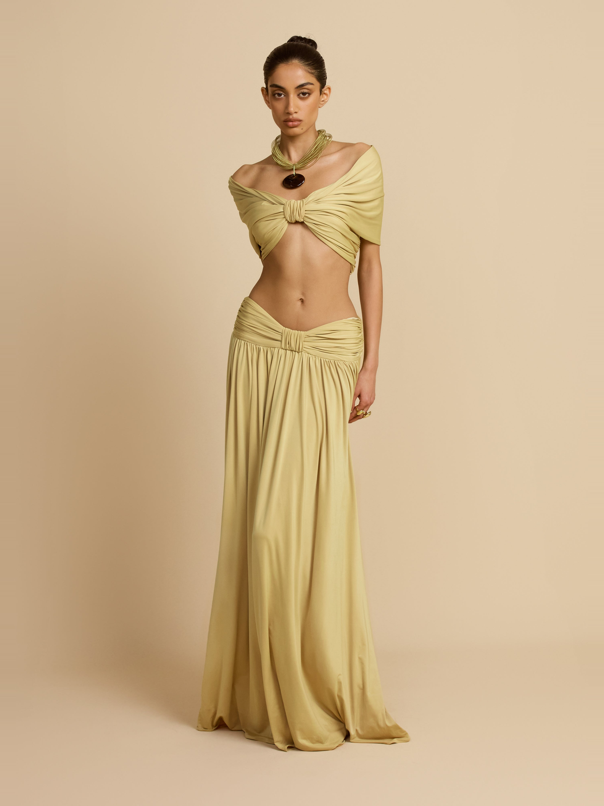 Alessia Satin Effect Maxi Skirt in Sand — Svelte Chic