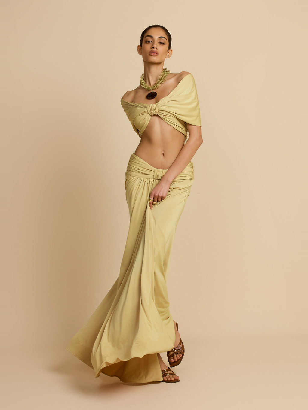 Alessia Satin Effect Maxi Skirt in Sand — Svelte Chic