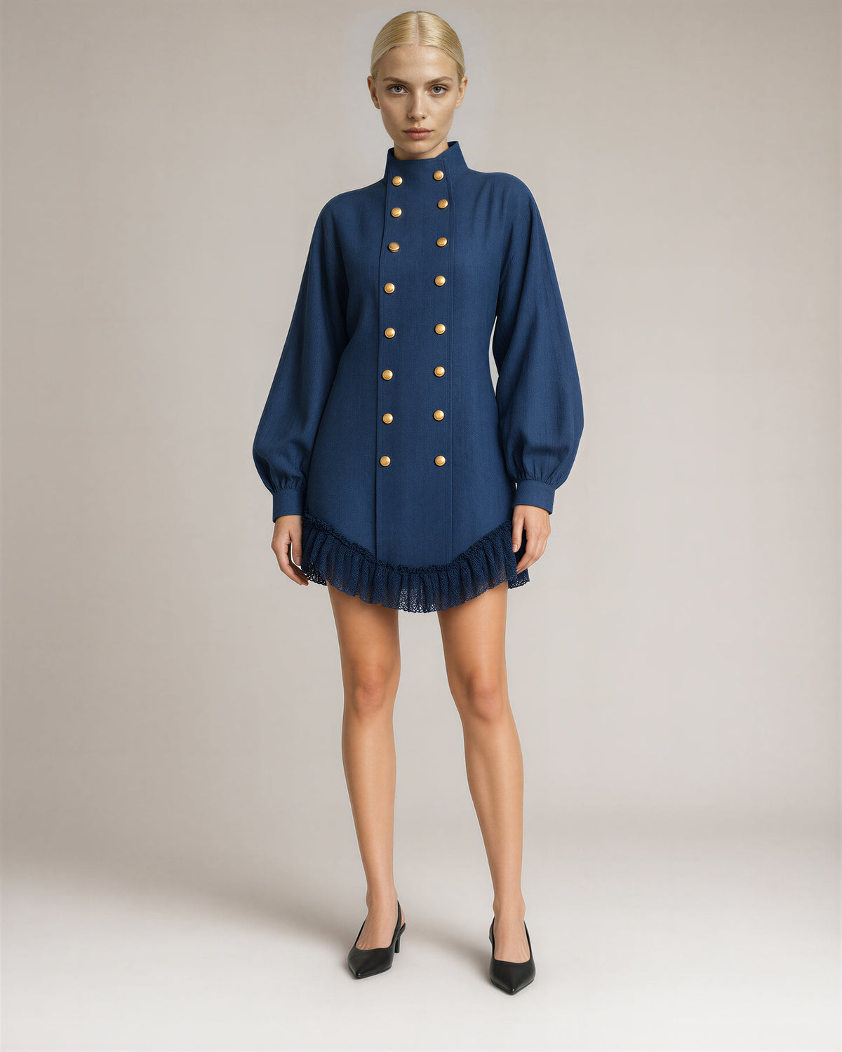Alina Gold Button Double Breasted Mini Shirt Dress, navy, full length front view