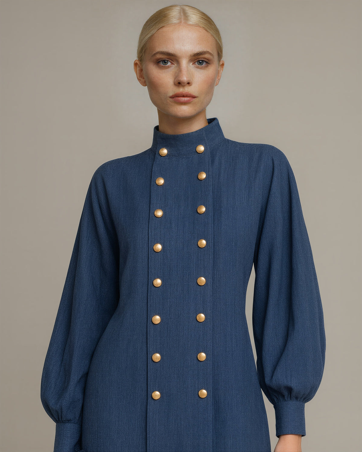 Alina Gold Button Double Breasted Mini Shirt Dress, navy, close up above the waist