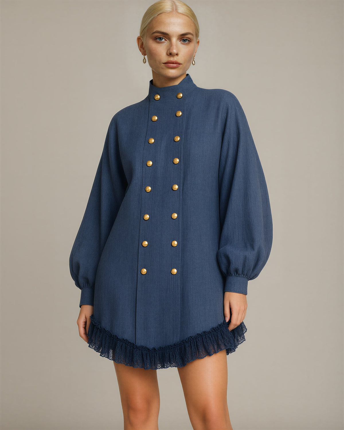Alina Gold Button Double Breasted Mini Shirt Dress, navy, three quarter view