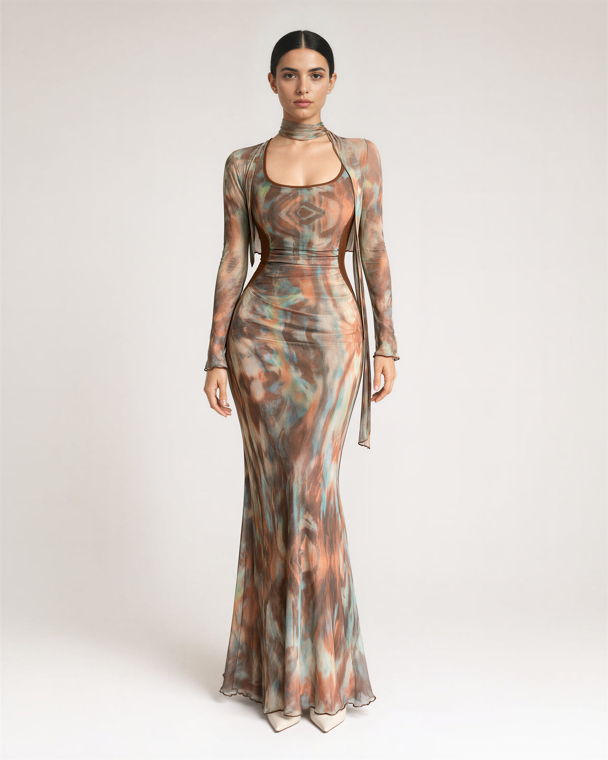 Allegra Oil Painting Print Tulle Maxi Dress, brown orange, full length front view