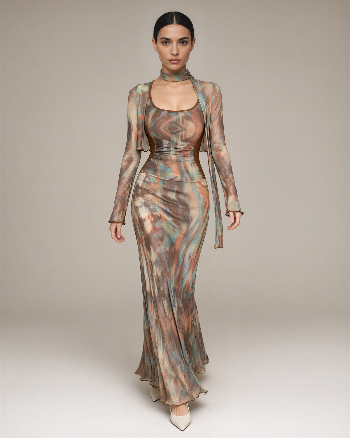 Allegra Oil Painting Print Tulle Maxi Dress, brown orange, full length walking view