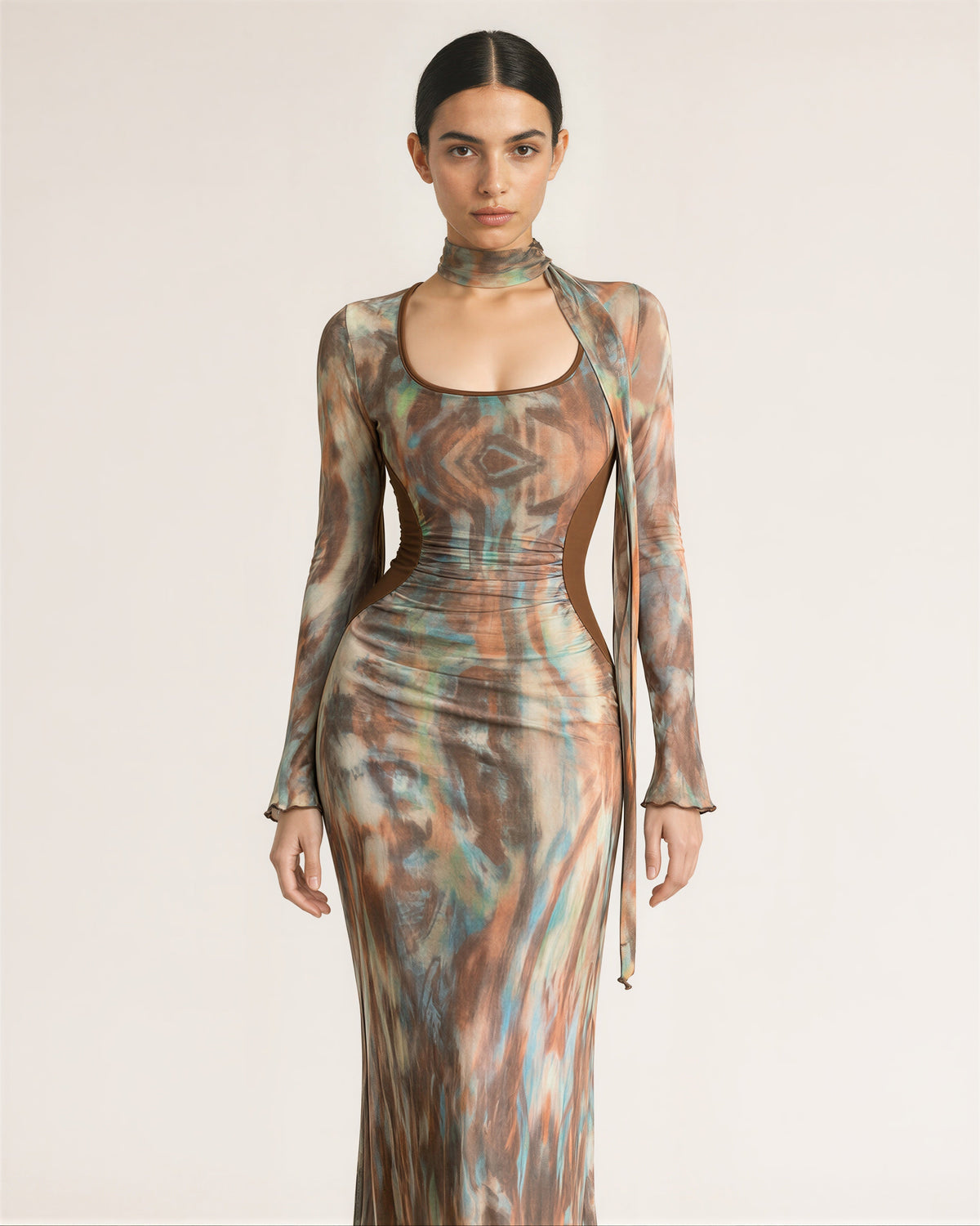Allegra Oil Painting Print Tulle Maxi Dress, brown orange, front view