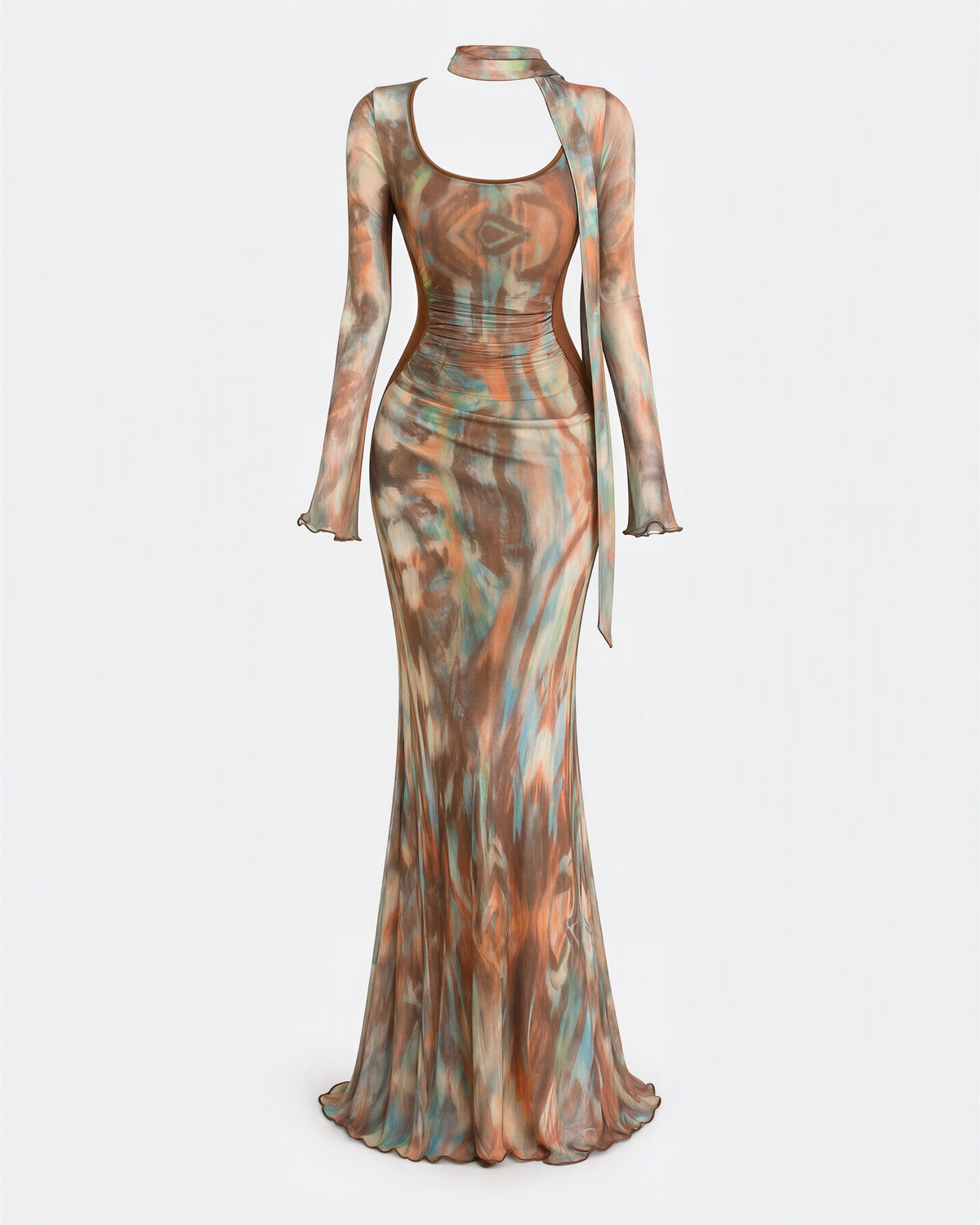Allegra Oil Painting Print Tulle Maxi Dress, brown orange, product view without a model