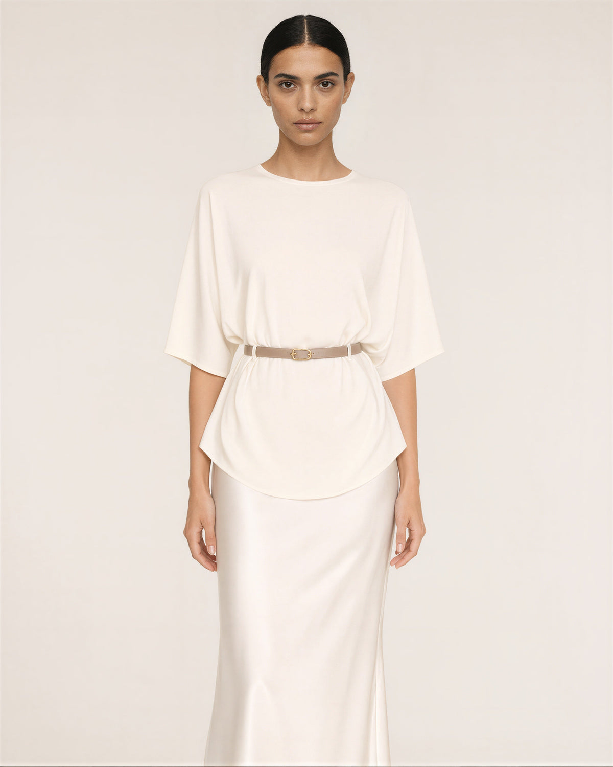 Amalia Knit Blouse and Satin Maxi Skirt Set, cream, front view