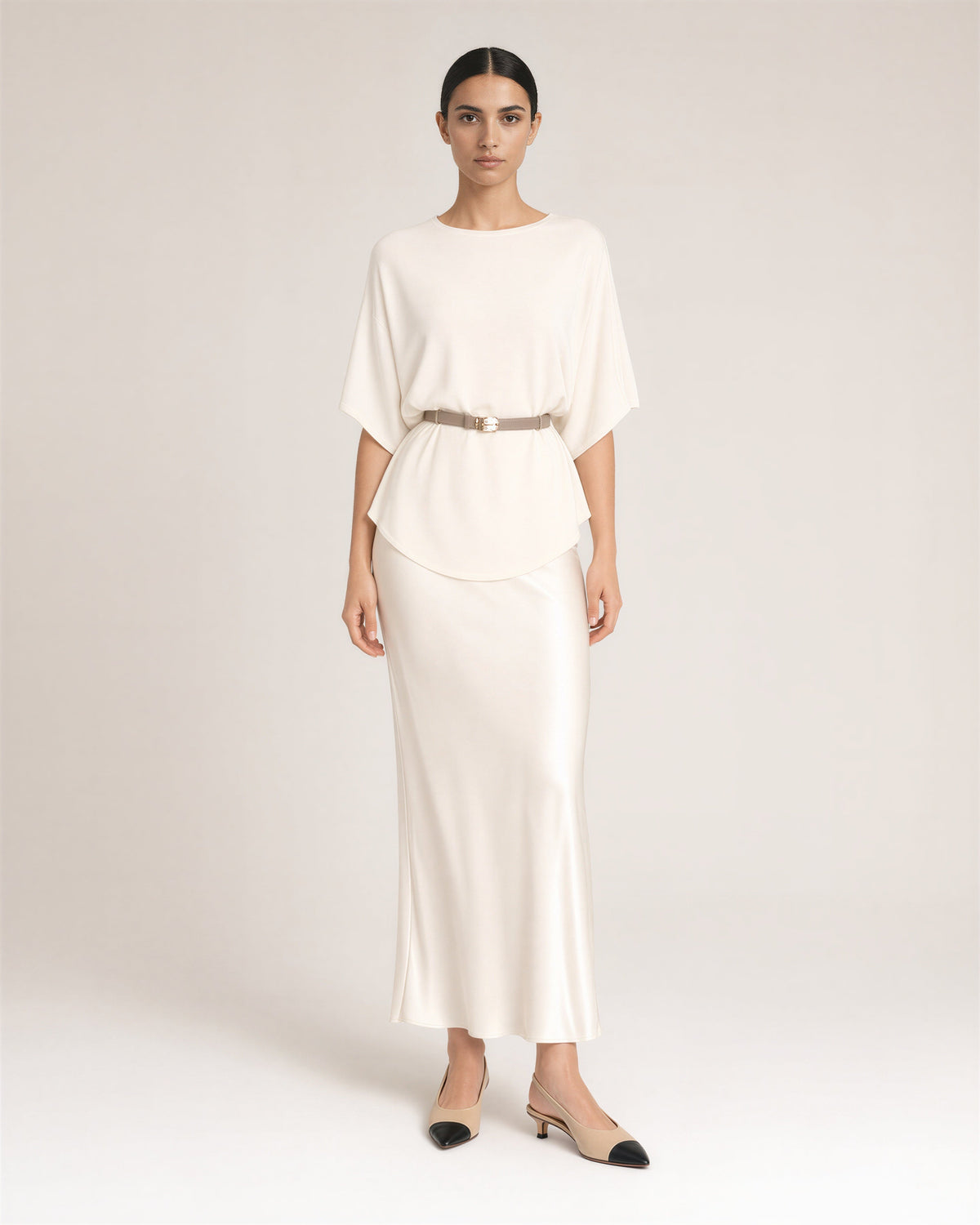 Amalia Knit Blouse and Satin Maxi Skirt Set, cream, full length front view