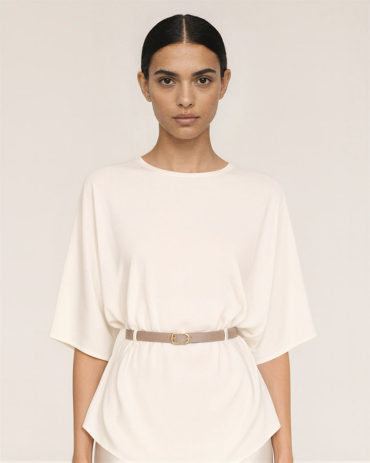 Amalia Knit Blouse and Satin Maxi Skirt Set, cream, close up above the waist