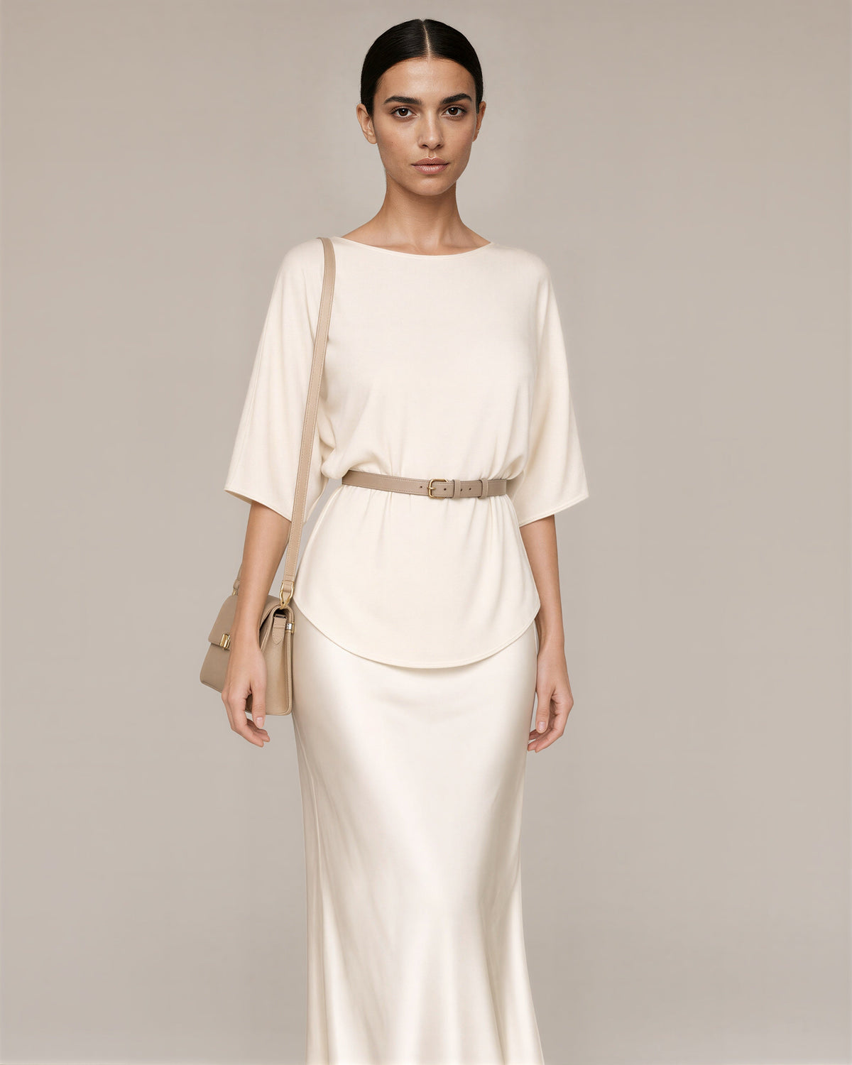 Amalia Knit Blouse and Satin Maxi Skirt Set, cream, three quarter view