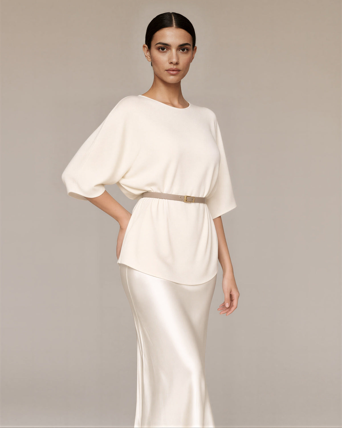 Amalia Knit Blouse and Satin Maxi Skirt Set, cream, front, hands on the waist