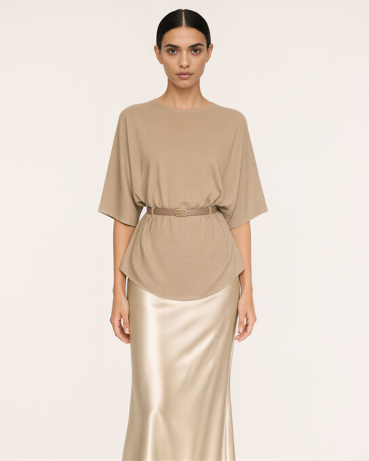 Amalia Knit Blouse and Satin Maxi Skirt Set, beige and champagne color option