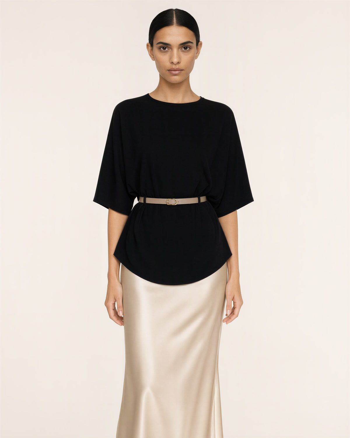 Amalia Knit Blouse and Satin Maxi Skirt Set, black and champagne color option