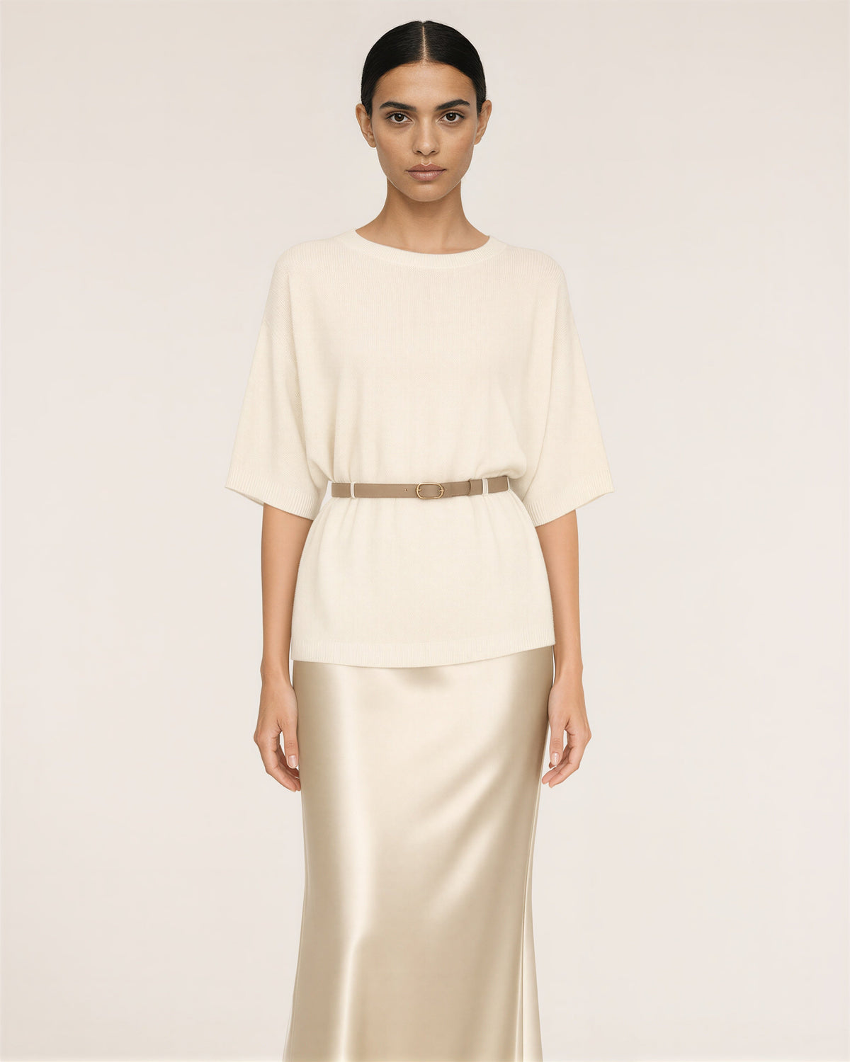 Amalia Knit Blouse and Satin Maxi Skirt Set, cream and champagne color option