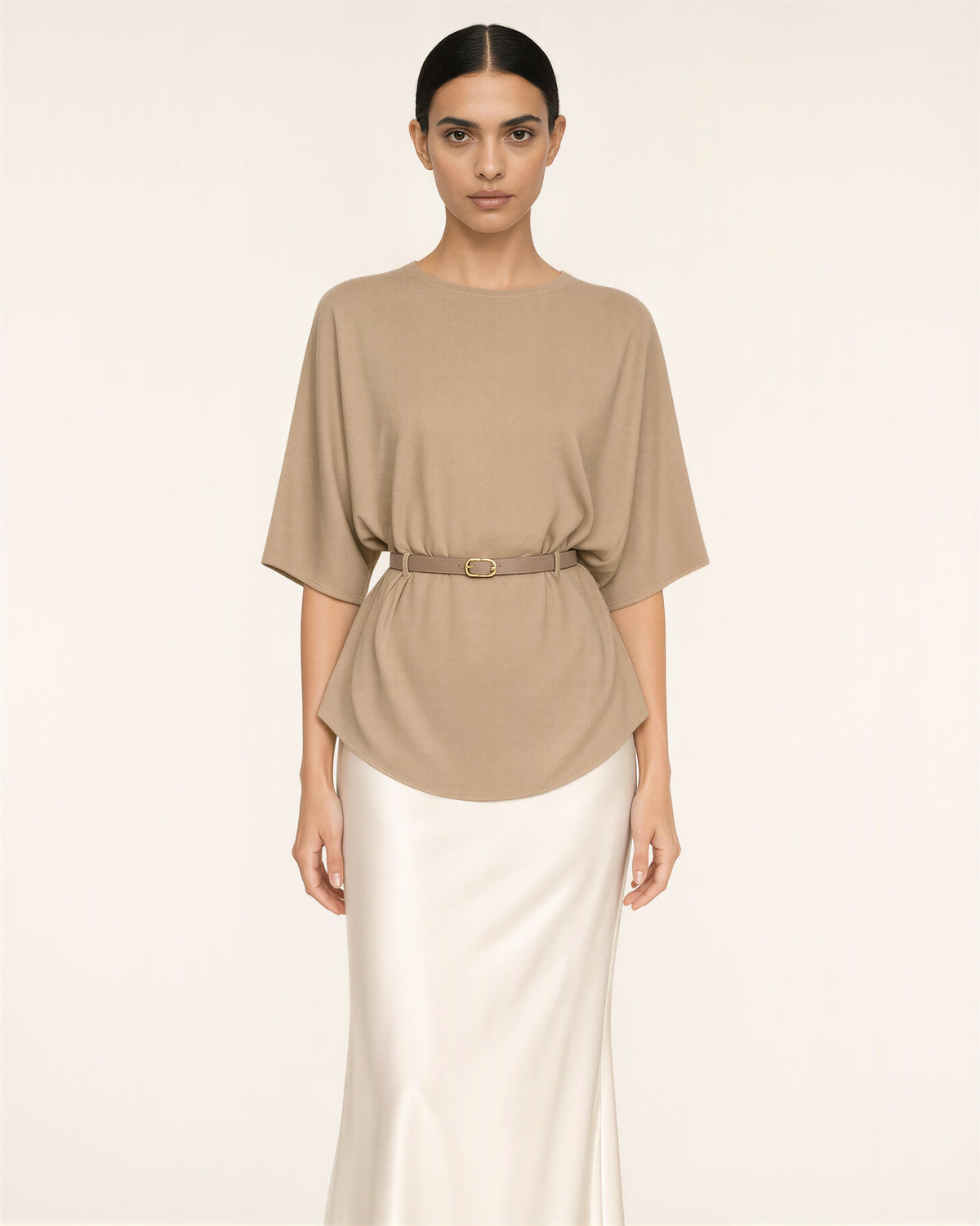 Amalia Knit Blouse and Satin Maxi Skirt Set, beige and cream color option