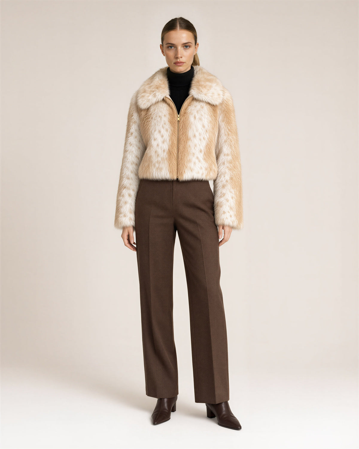 Ambra Speckled Cropped Faux Fur Jacket, Camel Cream, camel cream, full length front view