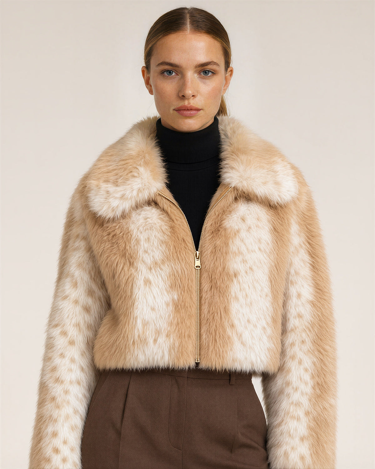 Ambra Speckled Cropped Faux Fur Jacket, Camel Cream, camel cream, close up above the waist