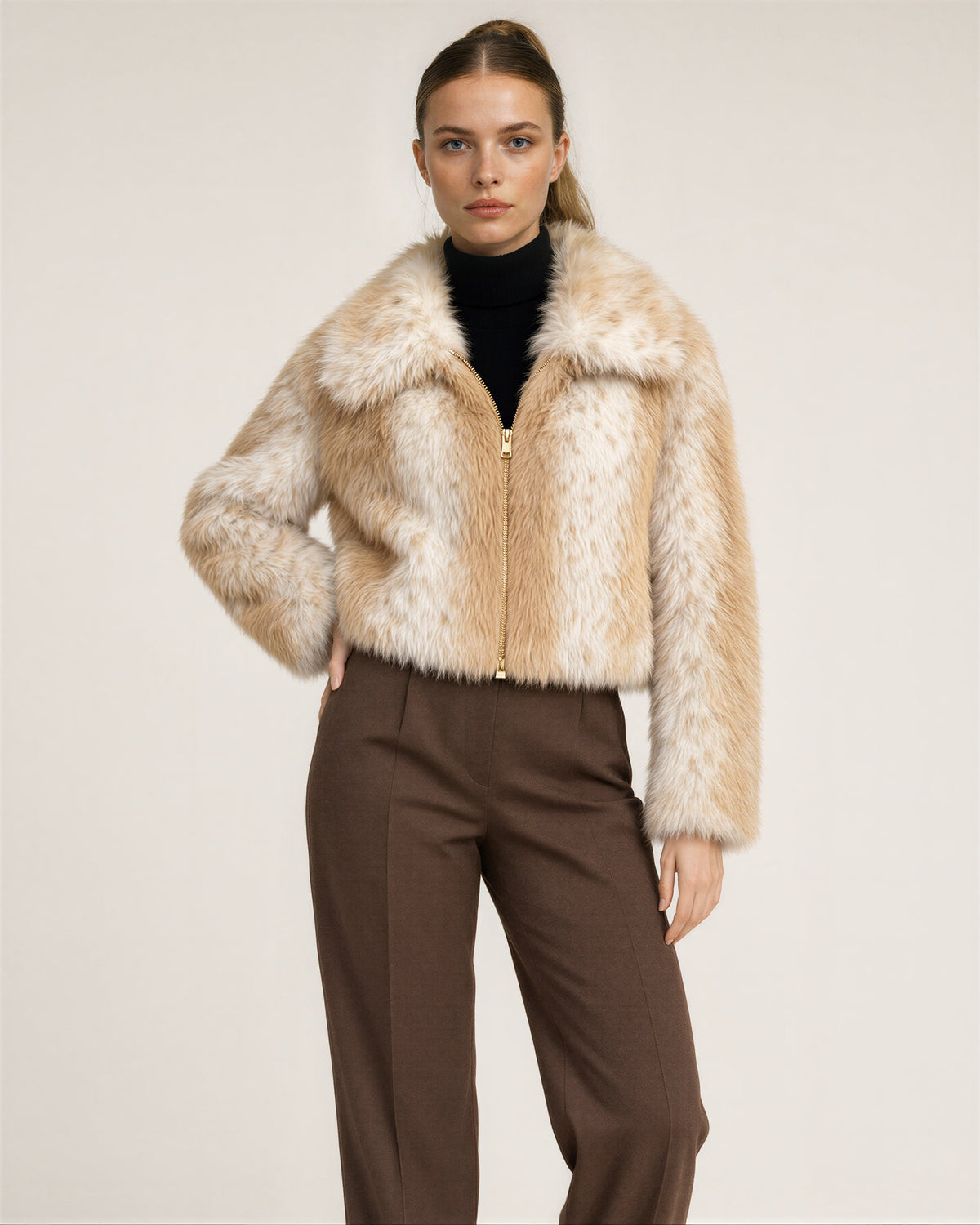 Ambra Speckled Cropped Faux Fur Jacket, Camel Cream, camel cream, front, hands on the waist