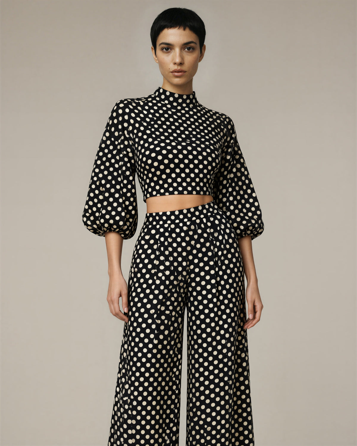 Anita Polka Dot Blouse and Wide Leg Trouser Set, black, front view