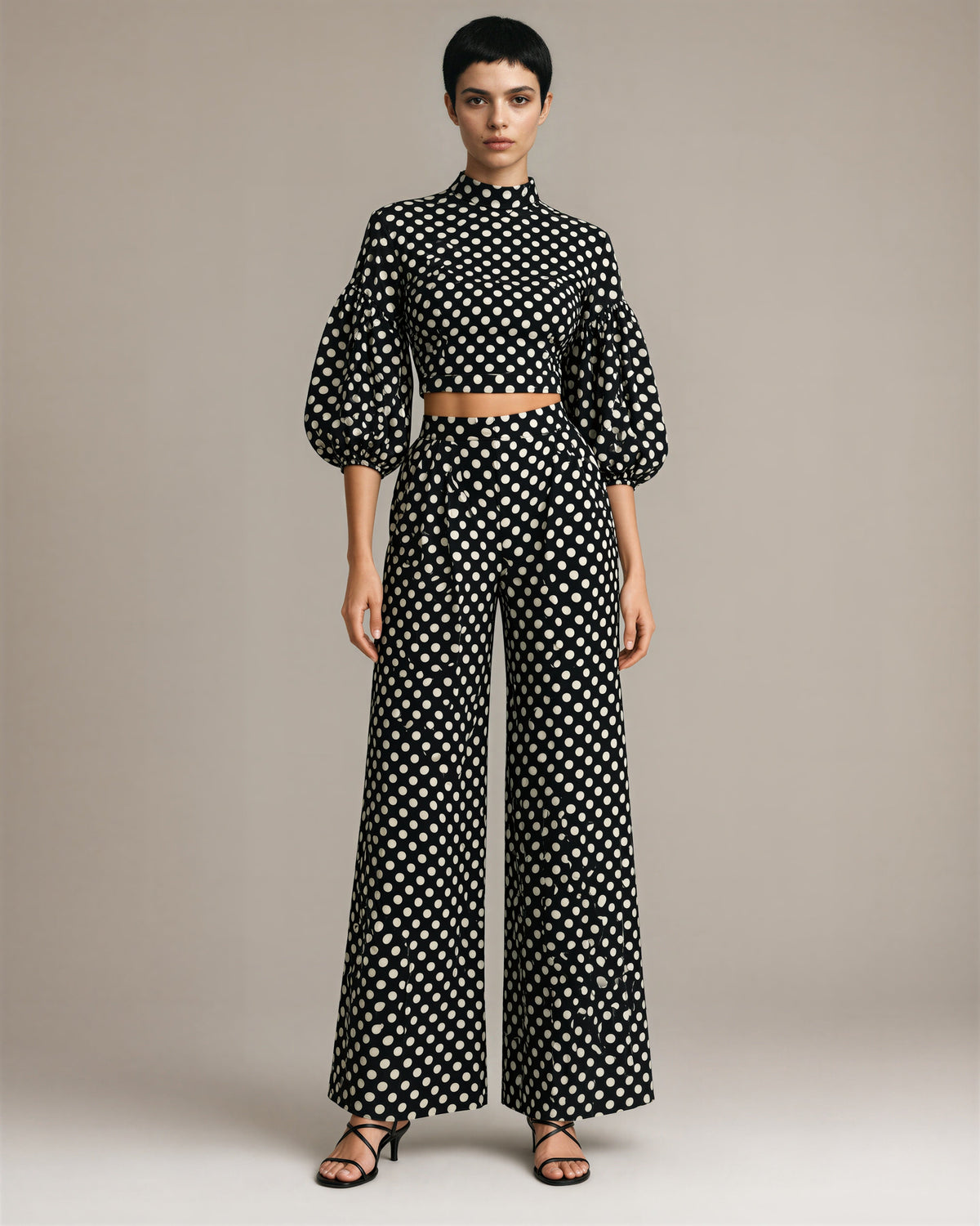 Anita Polka Dot Blouse and Wide Leg Trouser Set, black, full length front view